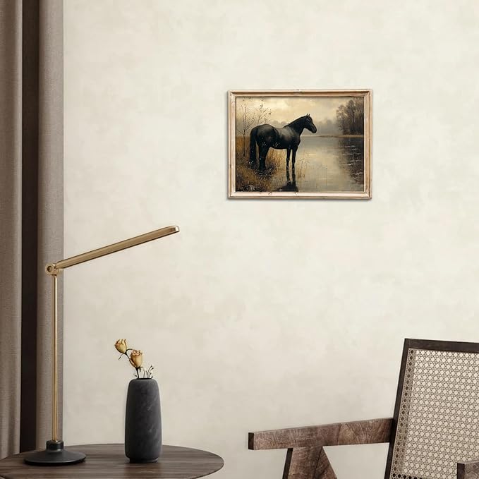 uniro Black Horse Vintage Wall Art Moody Landscape Prints Retro Wall Art Lake Dark Cottagecore Art Foggy Rustic Wall Decor DarkMoodyWallArt(8" x 10"-UNFRAMED)