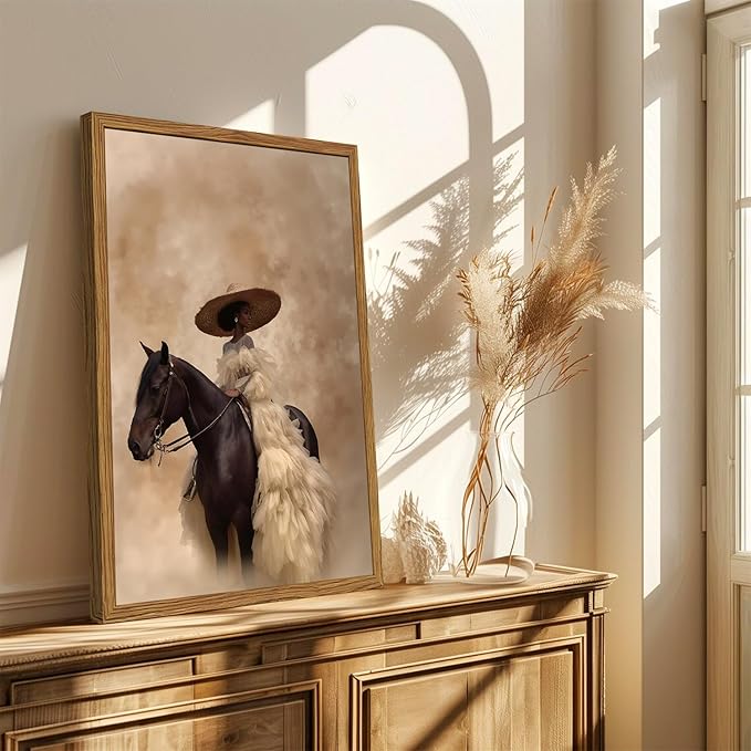 Framed Western Cowgirl Wall Art, Fashion Black Girl Riding Horse Canvas Wall Decor Painting, Black Woman African American Bride Pictures Prints Aesthetic Home Decor for Living Room Bedroom 12x16 inch
