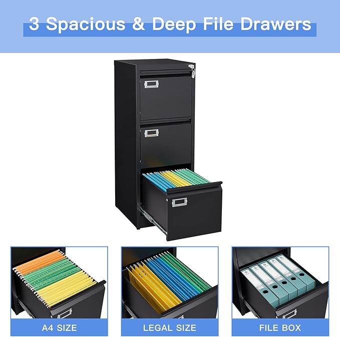 Yizosh 3 Drawer Black File Cabinet with Lock, Filing Cabinets for Home Office, Metal Locking Office File Storage Cabinets with Drawers, Vertical Small Filing Cabinet Organizer for Legal/A4