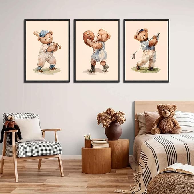 Teddy Bear Sports Nursery Animal Wall Art Cute Woodland Rugby Wall Decor Pictures Vintage Basketball Baseball Kids Room Canvas Poster Prints for Boys Room Bedroom Decorations Unframed(12x16in poster)