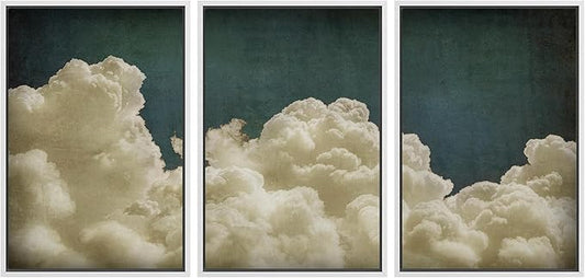 MUDECOR Framed Wall Art Print Set Vintage Cloudscape Dreamy Cotton Clouds Illustrations Modern Art Decorative Colorful Chic for Living Room, Bedroom, Office - 16"x24"x3 White