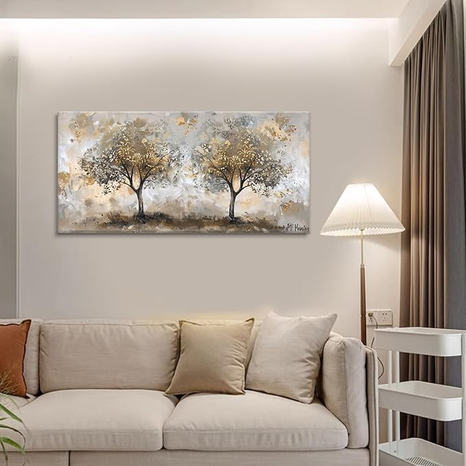 Boswaydeco Landscape Gold Tree Wall Art - Autumn Golden Forest Canvas Painting for Bedroom, Living Room, Office Decor - Gold Brown Picture Print