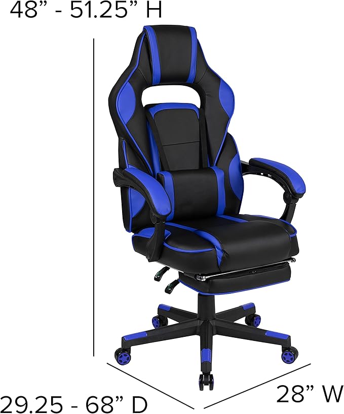 Flash Furniture X40 Gaming Chair Racing Ergonomic Computer Chair with Fully Reclining Back/Arms, Slide-Out Footrest, Massaging Lumbar - Black/Blue