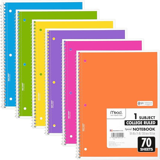 Mead Spiral Notebook, 6 Pack, 1 Subject, College Ruled Paper, 7-1/2" x 10-1/2", 70 Sheets per Notebook, Assorted Bright Colors (830050-ECM)