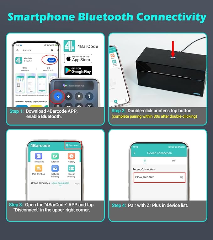 ORGBRO Bluetooth Thermal Shipping Label Printer, Z1-Plus Wireless 4X6 Shipping Label Printer for Small Business Office or Home Support iPhone Android Windows macOS Chrome Amazon Shopify USPS