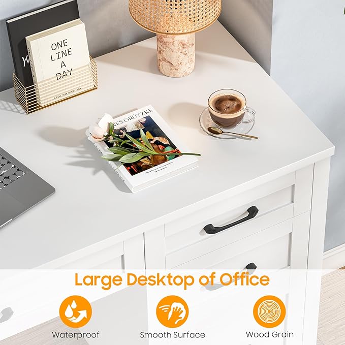 Farmhouse 47" Executive Desk, Computer Desk with File Drawer and Charging Station, Workstation for Home Office, Study.（Cream White
