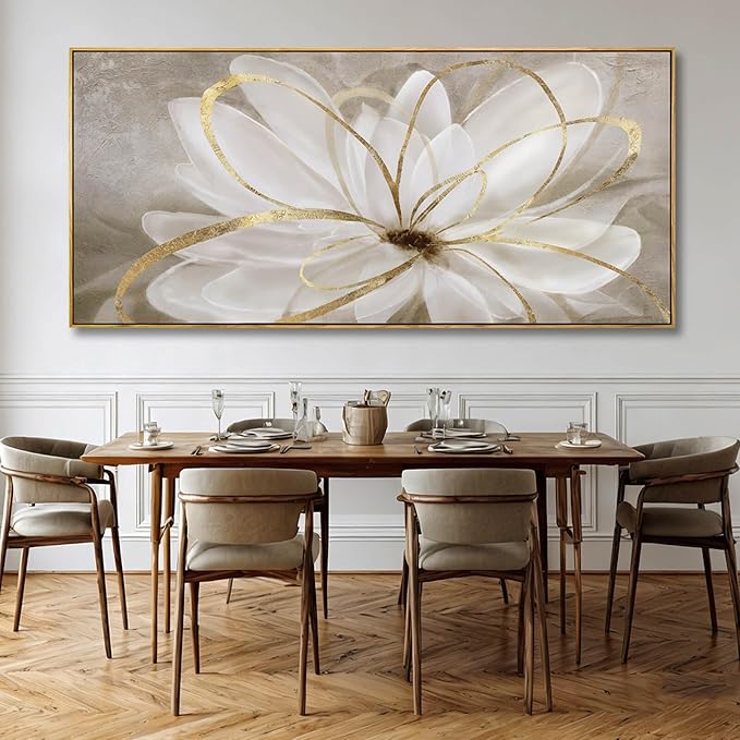 SOUGUAN White Floral Wall Art Line Wall Decor Vintage Canvas Painting 40"x86" Artwork for Bedroom Large Pictures for Dining Room