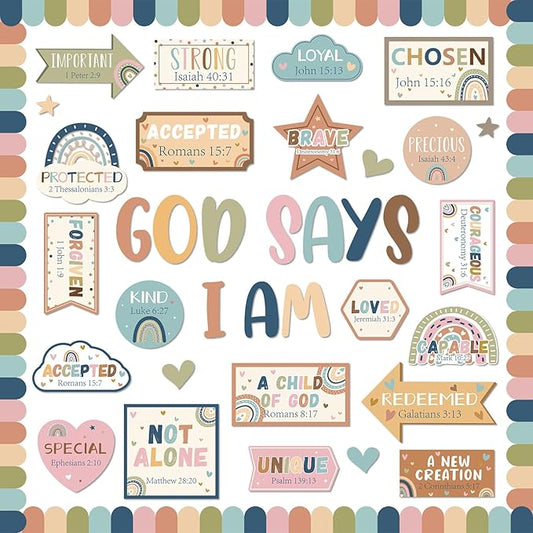 Christian Bulletin Board Decorations Classroom Motivational Bulletin Board for Welcome Back Boho Rainbow God Says I Am Cutout Inspirational Religious Wall Decors for Sunday School Home Church Supplies