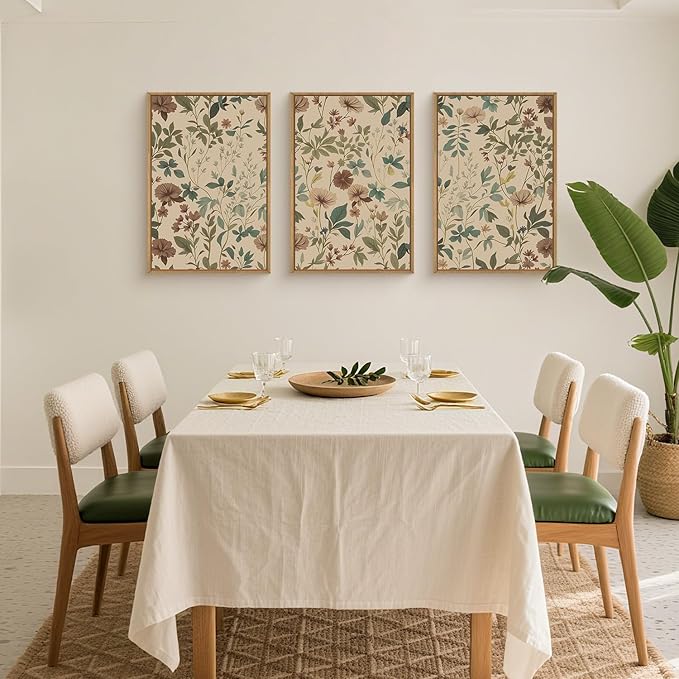 Large Retro Boho Floral Framed Canvas Wall Art Set,Vintage Neutral Wildflower Wall Decor,Abstract Mid Century Antique Flower Botanical Artwork for Living Room,Bedroom,Farmhouse- 24"x36"x3