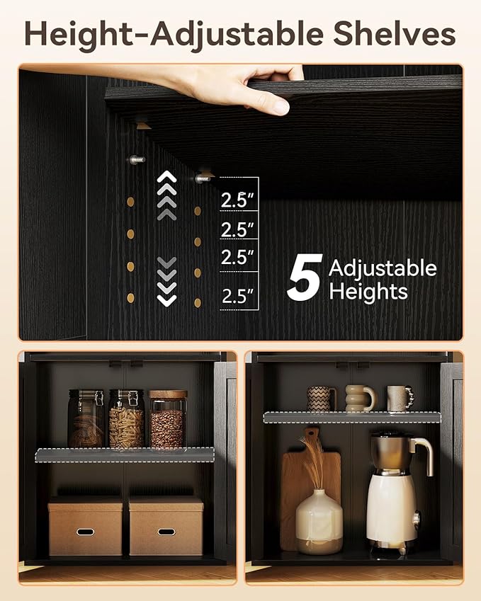 Casaottima Bookshelf and Bookcase with Doors, Floor Standing 6-Tier Shelf Display Storage Shelves, Tall Bookcases for Home Office, Living Room, Black