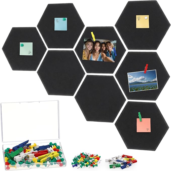 8 Pcs 12" Large Hexagon Felt Cork Bulletin Board Tiles Self Adhesive DIY Pin Board with 50 Push Pins and 10 Colored Clips, Wall Decor for Office Home Kitchen Photos Memos(Colorful)