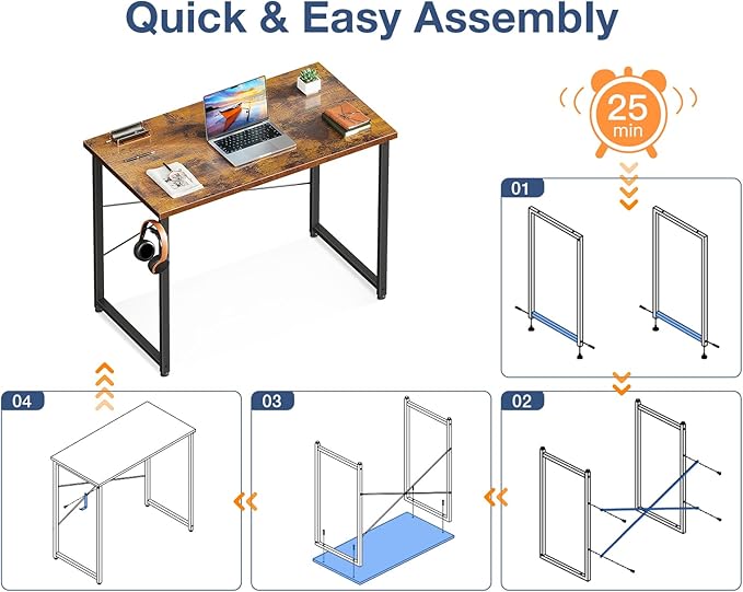 Casaottima 32 Inch Small Computer Desk for Home Office, Study Writing Table for Small Spaces, Simple Modern Desk with Headphone Hooks, Rustic Brown