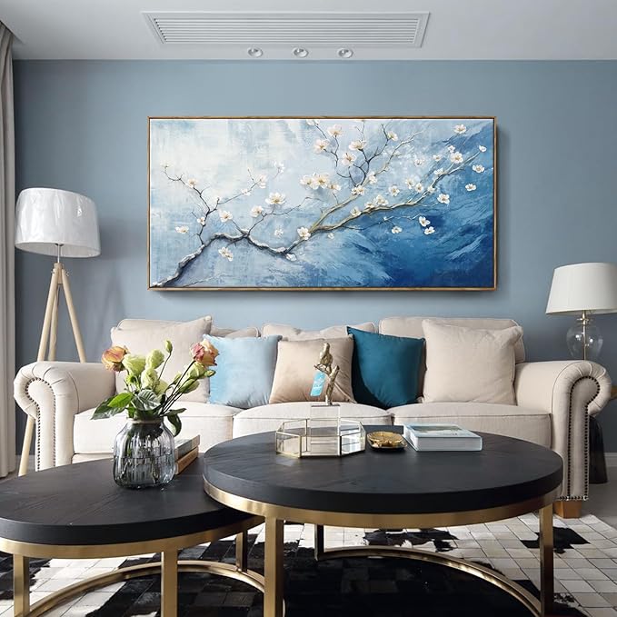 Extra Large Framed Floral Wall Art - 58x29 Inch Blue and White Plum Blossom Canvas Print with Wooden Frame - Elegant Botanical Decor for Bedroom & Living Room