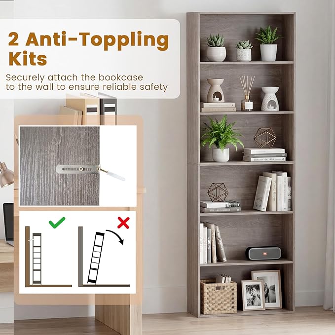 Tangkula 6-Tier Bookcase, 70” Tall Freestanding Bookshelf with 6 Open Shelves, Anti-Toppling Kits, Floor Display Storage Organizer for Living Room, Study, Kitchen, Home & Office (Gray, 70" H)