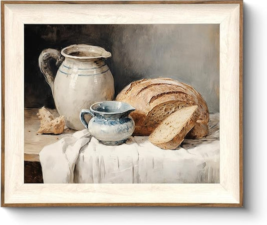 ASTRDECOR Framed Kitchen Wall Art, Modern Muted Still Life Painting Farmhouse Wall Decor, Sourdough Bread Canvas Wall Art Prints, Rustic Jars White Tablecloth Country Wall Decor Living Room-10''x 12''