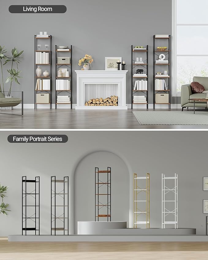 Bookshelf, Book Shelf, Industrial Bookcase with 2 Hooks, Coner Shelf Storage Organizer for Home Office, Living Room, Bedroom, Kitchen, 5-Tier Rustic Brown BC10501B