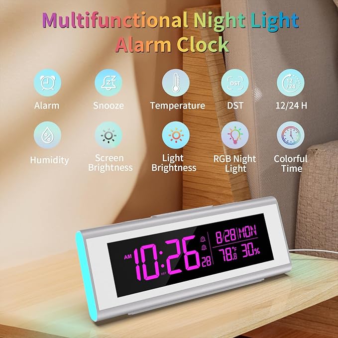 Alarm Clocks for Bedrooms, LED Desk Clock with RGB Night Light, Brightness Dimmer, Date, Week, Temperature Large Display, Modern Decor for Desk, Office, Gift for Kids, Teen, Adults (Silver)