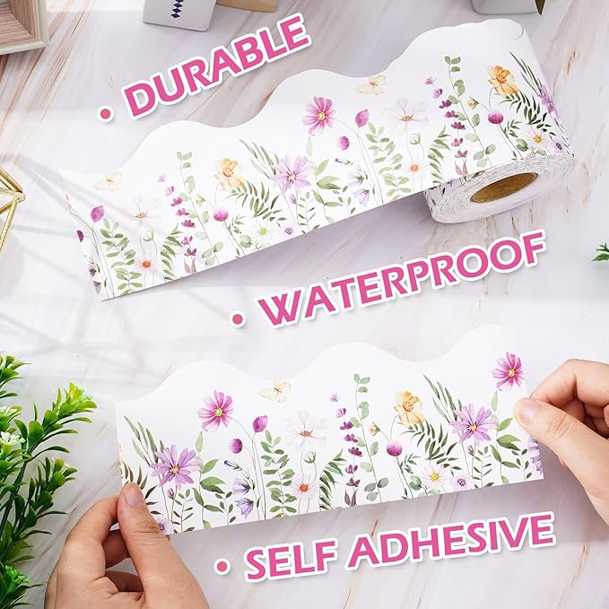 65Ft Watercolor Wild Floral Bulletin Boards Colorful Flower Butterfly Decorative Trim Border Seasonal Spring Board Trim for School Wall Blackboard Classroom DIY Crafts, 1 Roll