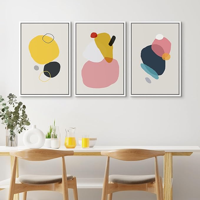 SIGNFORD Framed Wall Art Print Set Yellow, Pink, Black & Blue Transparent Blots Abstract Shapes Digital Art Modern Art Contemporary Colorful for Living Room, Bedroom, Office - 16"x24"x3 White