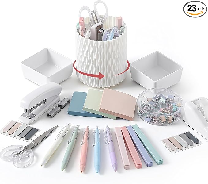 Kosiz 27 Pcs Black and White Desk Accessories Gift for Aesthetic Desk Organizer White Office Supplies Pen Holder Sticky Notes Stapler Binder/paper Clips Scissor Staple for Women(Fashion)