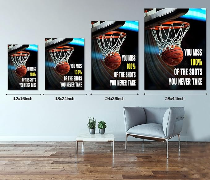 Basketball Sports Canvas Wall Art Inspirational Wall Decor Motivational Poster Inspirational Theme Artwork for Boys Room Bedroom Dormitory Gym Playroom Decoration Framed Easy to Hang - 18x24 inch