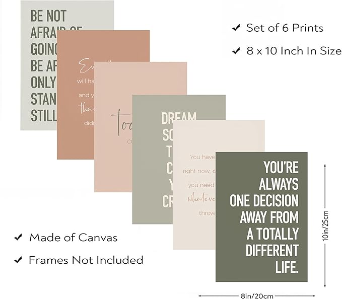 KBIERQN 6Pcs Inspirational Quotes Wall Art Office Motivational Poster Prints Workplace Motivational Canvas Pictures for Living Room Bedroom Wall Decor 8x10in Unframed