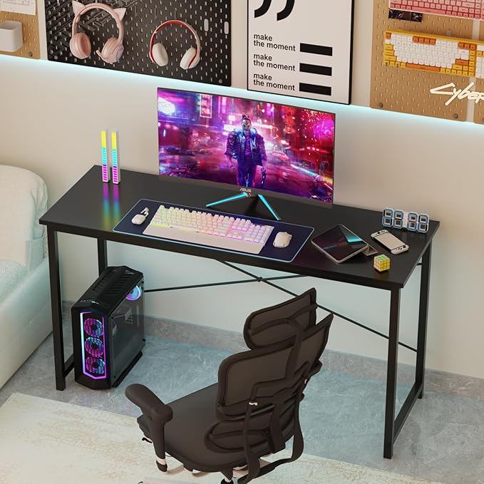 Sweetcrispy Small Computer Desk,31 Inch Office Writing Work Desk with Metal Frame Wooden Tabletop, Student Study Home Bedroom Table with X-Shaped Reinforcement, Black