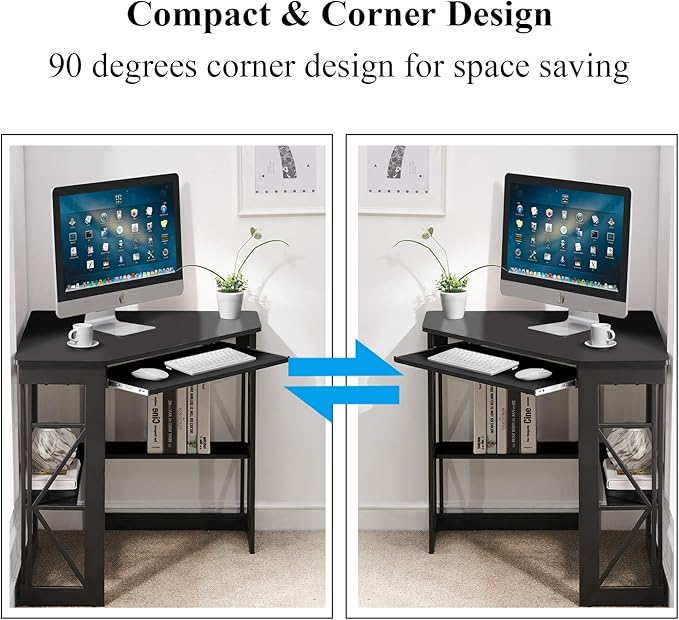 VECELO Corner Computer Desk 41 x 30 inches with Smooth Keyboard & Storage Shelves for Home Office Workstation, Black