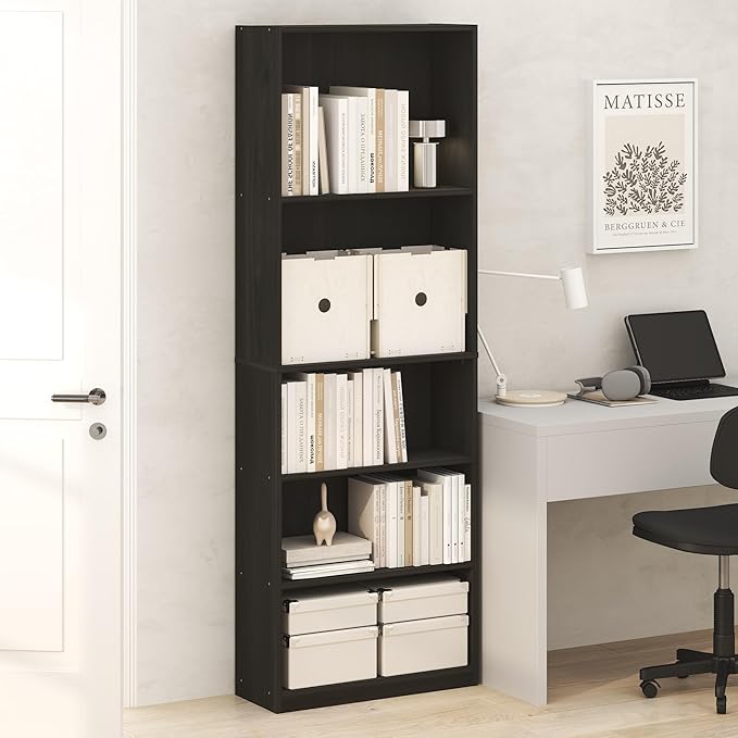 Furinno Jaya Book Shelf, 5-Tier Tall Book Shelf, Bookcase with Open Shelving, Standing Bookshelf, 9.5 x 24.6 x 71.1, for Organization and Storage, for Home Office, Living Room, Espresso