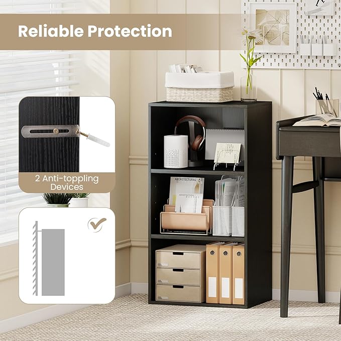 Giantex 3 Tier Bookshelf, Black Bookcase 3 Shelf, Open Cube Storage Orginazer Cabinet, Multi-Functional Home Office Bedroom Furniture Display Book Shelf