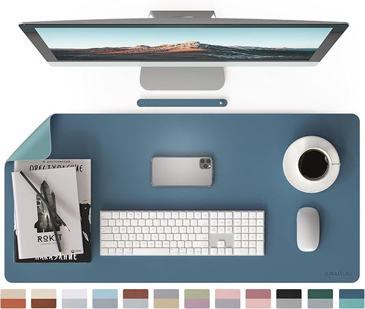 RENMTURE Double-Sided Two-Tone Faux Leather Desk mat Desktop Organization and Accessories Home and Office Large Mouse pad Game and Work (Blue/Green, 36"x17")