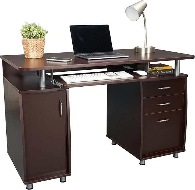 Techni Mobili 47.5'' Computer Desk with File Cabinet and Drawers, Storage Cabinet with Removable Shelf and Ventilation for CPU, Home Office Desk or Computer Workstation with Keyboard Tray (Chocolate)