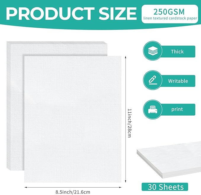 30 Sheets Linen Textured Paper, 8 1/2 x 11" Blank White Printer Paper for Invitation Cards Making Office Printing Crafting Scrapbook DIY Projects, 92 lb Cover