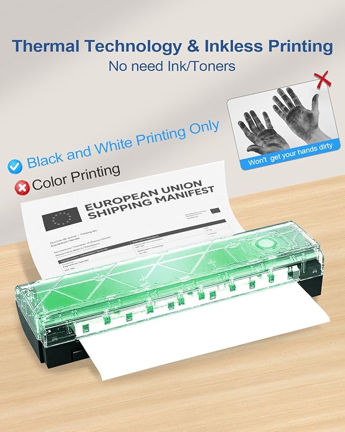 Portable Printers Wireless for Travel, Bluetooth Thermal Printer Supports 8.5" x 11" US Letter & A4 Size, Inkless Mobile Printer Work with Android iPhone Laptop for Home Office School, Black