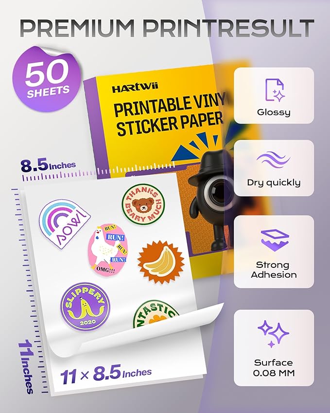 Printable Vinyl Sticker Paper-50 Sheets Glossy White Self-Adhesive Sticker Paper 8.5x11"Waterproof Labels, Quick-Drying Vivid Colors & Tear-Resistant Removable, for Inkjet & Laser Printers
