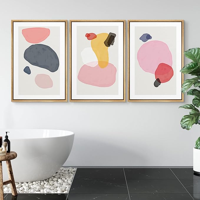 SIGNFORD Framed Wall Art Print Set Pink, Gray, Red & Yellow Transparent Blots Abstract Shapes Digital Art Modern Art Contemporary Colorful for Living Room, Bedroom, Office - 24"x36"x 3 Panels Natural