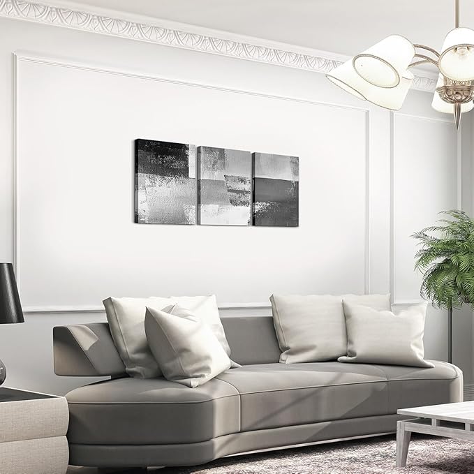 jejeloiu 12"x16"x3pcs Abstract Oil Painting Office Decorations Artwork Posters Abstract Art 3 Piece Canvas Wall Art for Living Room Bedroom Gray Modern Picture Wall Decor