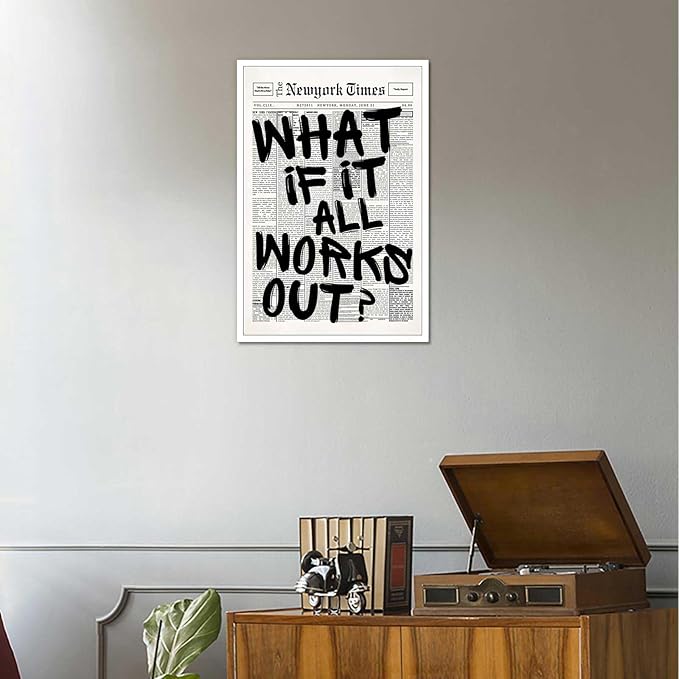 Drimiler Retro Black And White Newspaper Poster What If It All Works Out Canvas Wall Art Positive Affirming Quote Minimalist Prints Painting For Home Bedroom Dorm Wall Decor 8x12in Unframed