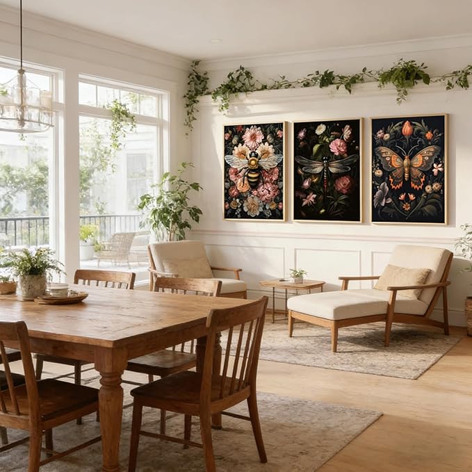 3pcs Dark Floral Wall Art Vintage Butterfly Dragonfly Bee Painting Picturts Wall Decor Gothic Dark Academia Aesthetic Posters Print Artwork for Bedroom Living Room Home Decoration 12x16in Unframed