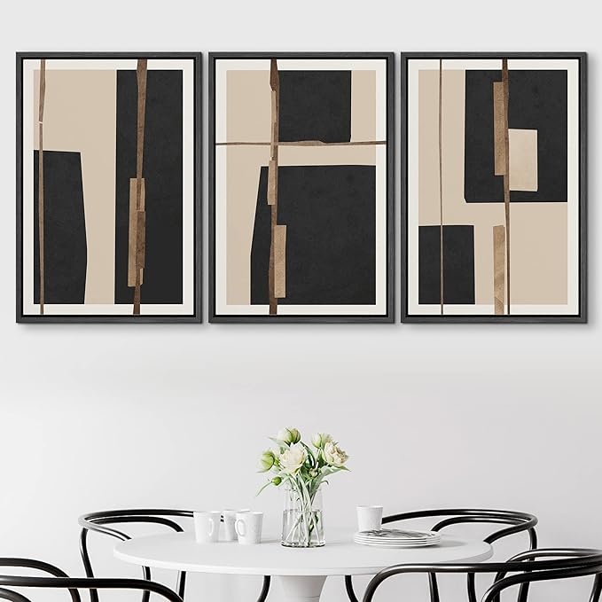 SIGNFORD Framed Canvas Print Wall Art Set Mid-Century Black Polygon Squares Abstract Shapes Illustrations Modern Art Bohemian Nordic Relax/Calm for Living Room, Bedroom, Office - 16"x24"x3 Black