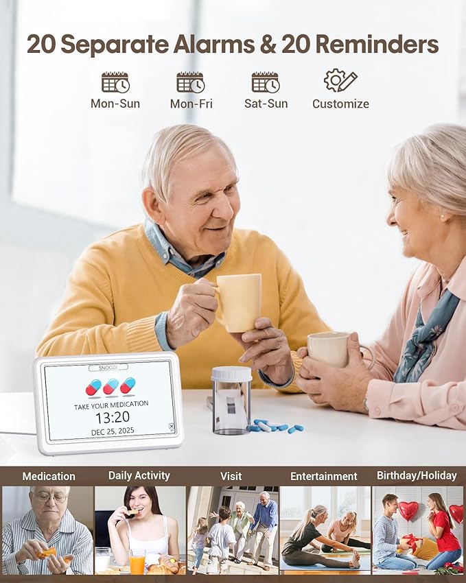 Digital Clock with Date and Week for Seniors, Alzheimer's Dementia Clock with 20 Alarms and 6 Medicine Reminders, Large Font Digital Calendar Alarm Clock for Vision Impaired, White (Ac Powered)