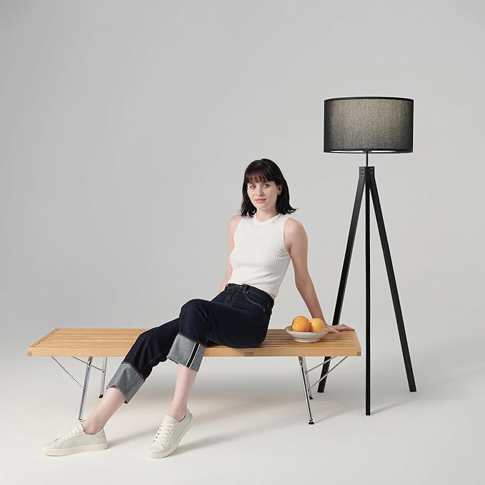 Brightech Eden Tripod LED Floor Lamp – Mid Century Dimmable Modern Light for Contemporary Living Rooms - Tall Free Standing Lamp with Solid Wood Legs for Bedroom, Office - Classic Black