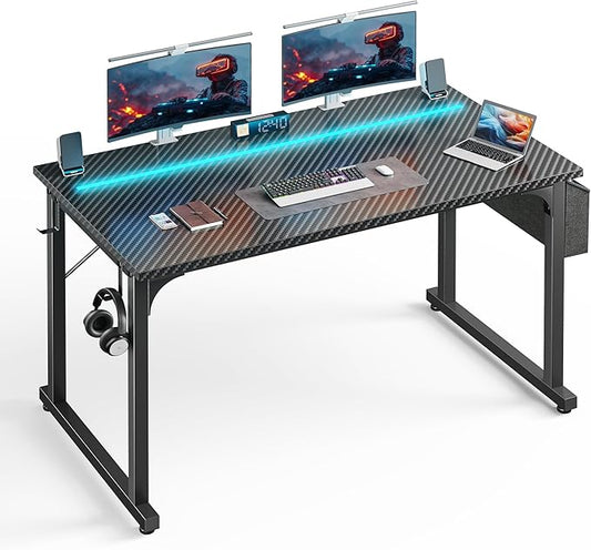 48 Inch Computer Desk with LED Lights, Office Desk for Home Office, Study Desk Writing Table with Storage Bag, Headphone Hook, Black