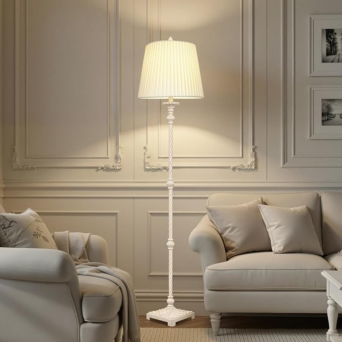Vintage Floor Lamp for Living Room with 3-Way Dimmable LED Bulb, 66" Tall Rustic Standing Lamp for Bedroom with Linen Pleated Shade and Rotary Switch, Retro Farmhouse Corner Lamp for Office, House
