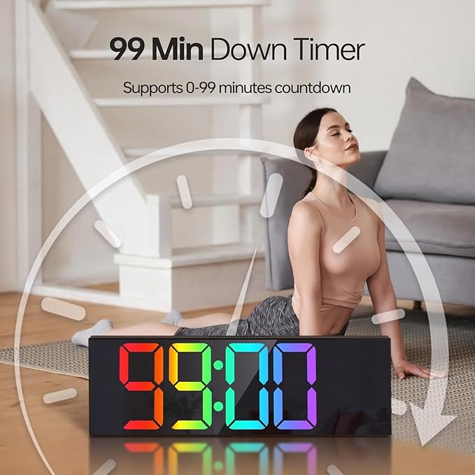 JALL 16.2" Large Digital Wall Clock with Bluetooth Sync, RGB Digital Clock Large Display with Auto DST, Wall Clock for Classroom Bedroom Gym Office, Led Clock for Seniors (Black)