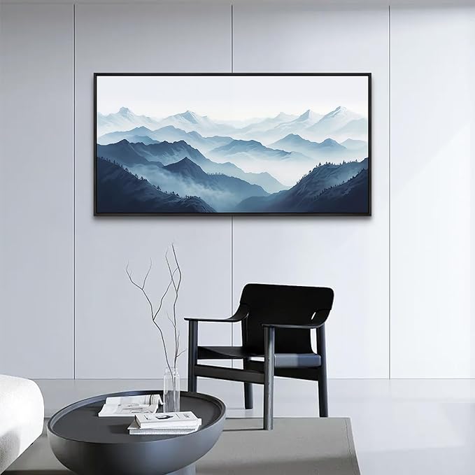 Wapluam Black Framed Canvas Wall Art For Living Room Large Wall Decor For Office Bedroom Decoration Art Black And White Grey Mountain Scenery Wall Painting View Wall Picture Hotel Room Home Artwork