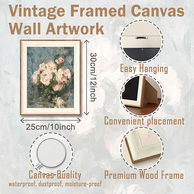 ASTRDECOR Framed Vintage Wall Art for Living Room, Vintage Floral Home Decor Aesthetic, Victorian Pink Rose Bouquet Oil Painting Blue Canvas Wall Art Prints, Antique Flower Pictures Blue Artwork for Living Room-10''x12''