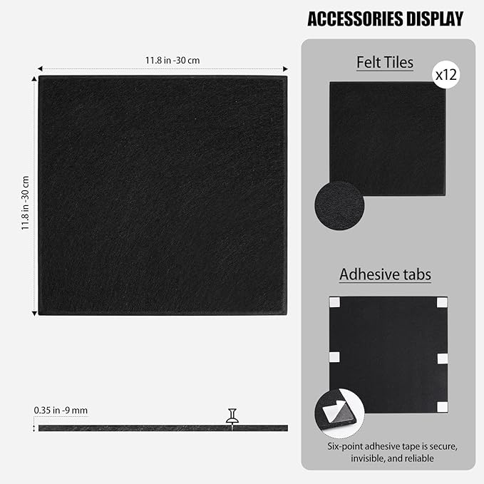 Large Cork Boards for Walls 48" x 36", 12 Pack Black Bulletin Board, Felt Wall Tiles with 72 Safe Removable Adhesive Tabs, Pinboard Cork Board for Office Home Decor