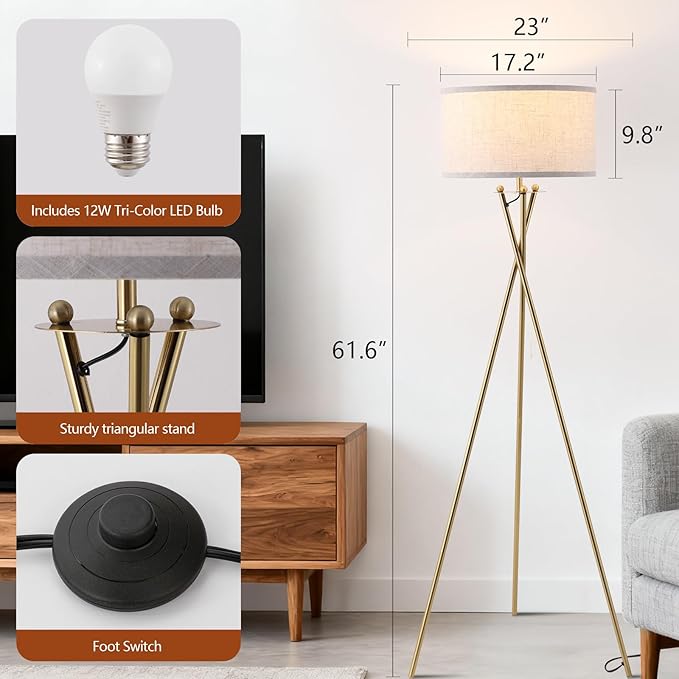 Modern Tripod Floor Lamp, Mid Century Reading Standing Lamp with 3 Color Temperatures and Foot Switch, Modern Night Light for Living Room, Bedroom, Office Décor, Gold