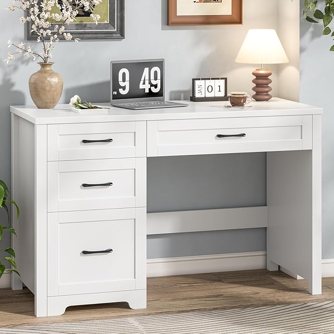 Vabches Farmhouse 47" Executive Desk with File Drawer, Workstation for Home Office, Study, Writing,Wood Computer Desk with 3 Storage Drawers,White